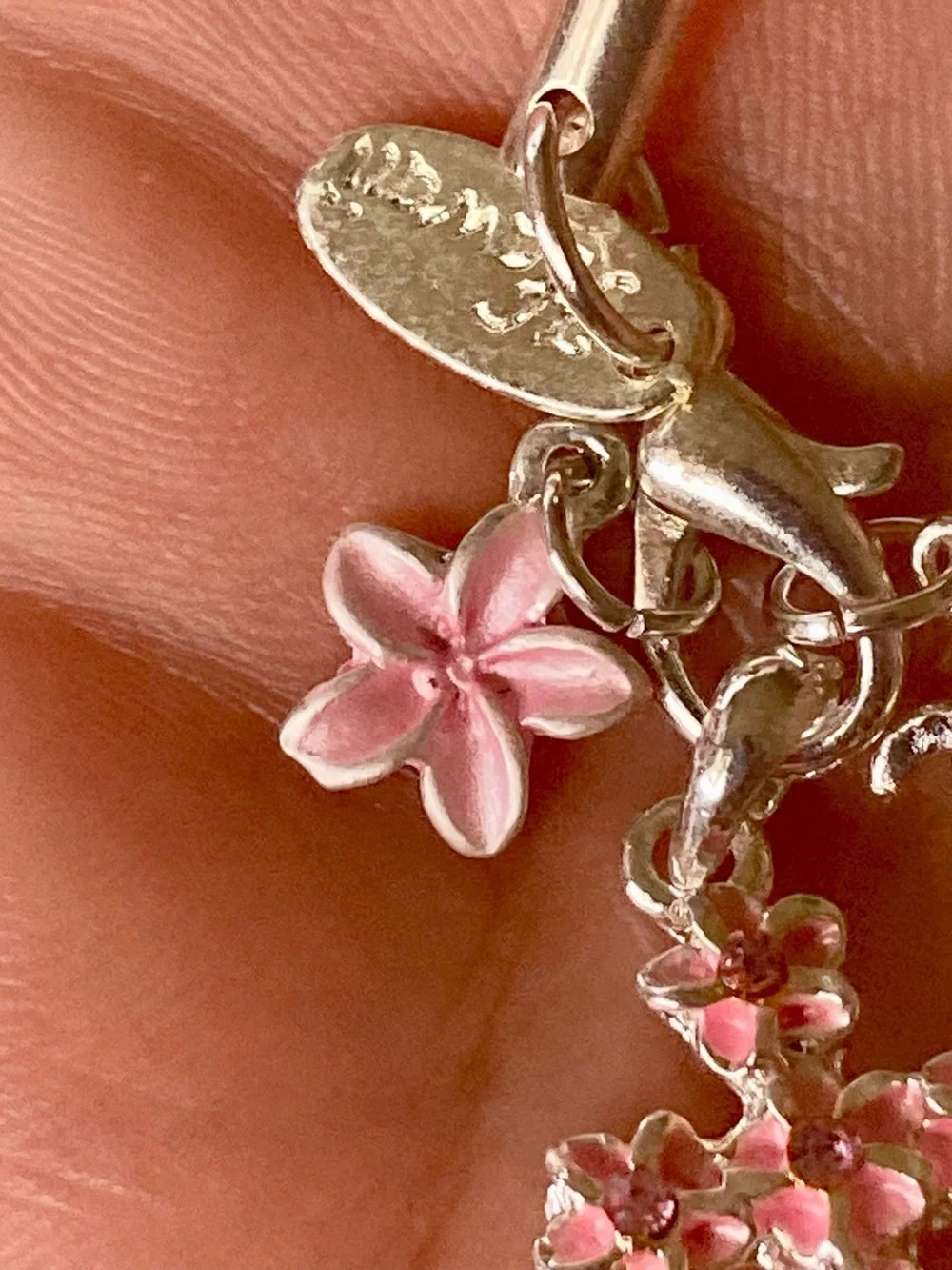 Laule’a Hawaii NWOT Pink Floral Cross phone Charm Silver Tone accessory